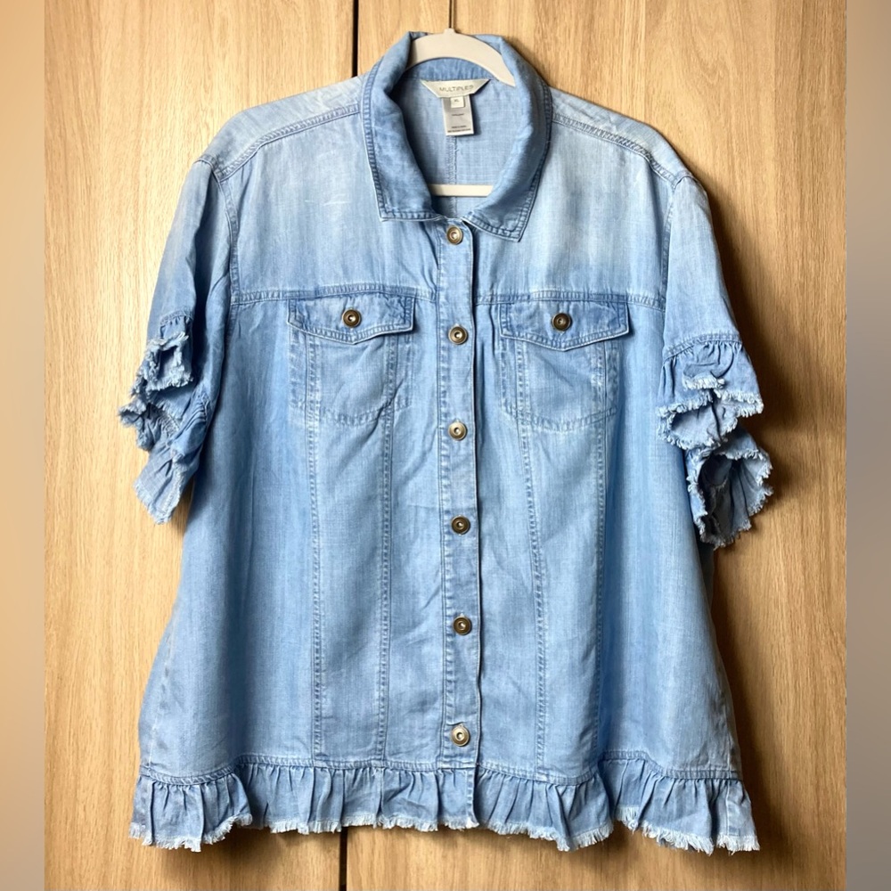Blue Denim Flowy Blouse Button Up Business Casual